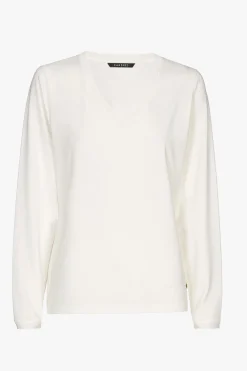 Ecru T-shirt met V-hals en lange mouwen