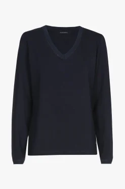 Navyblauw T-shirt met V-hals en lange mouwen