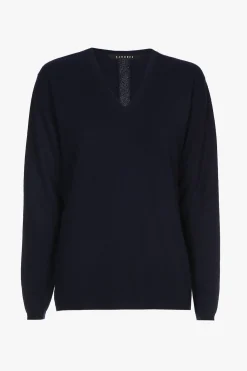 Navyblauwe cashmere trui met V-hals
